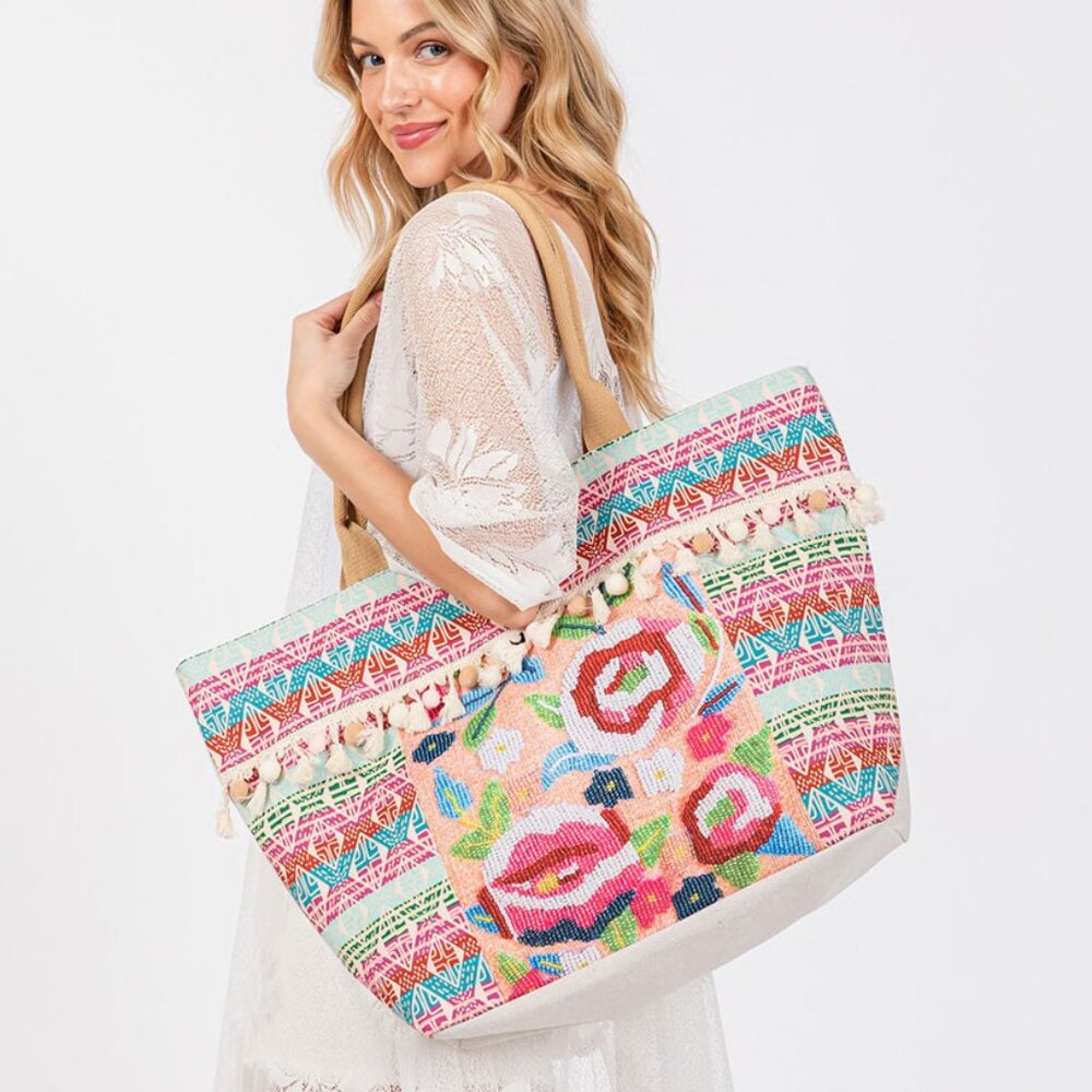 NEW Botanical Flower Garden Boho Print XL Tote Bag Floral Handbag